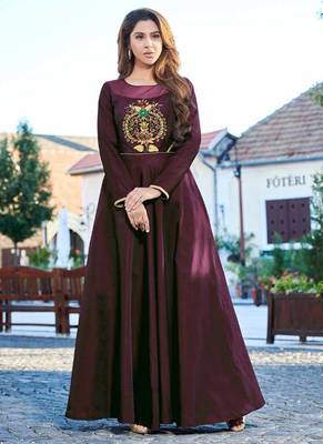 Wine Silk Embroidered Pakistani Kurtis 1