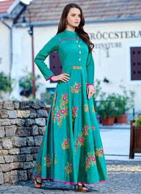 Turquoise Silk Embroidered Pakistani Kurtis 1