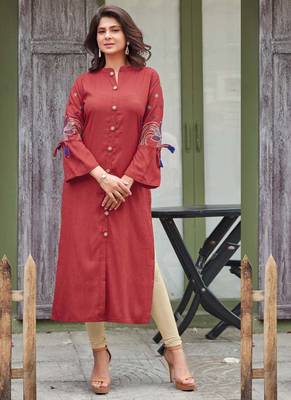 Red Rayon Embroidered Long Kurtis 1
