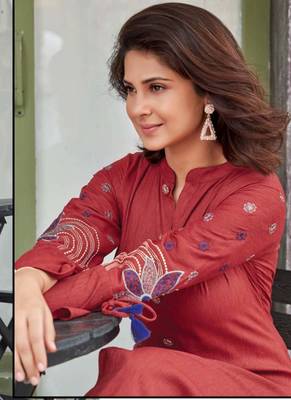 Red Rayon Embroidered Long Kurtis 2