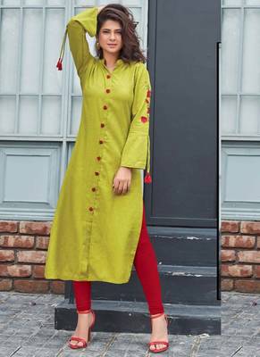 Lime Rayon Embroidered Long Kurtis 1