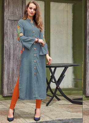 Grey Rayon Embroidered Long Kurtis 1