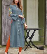 Grey Rayon Embroidered Long Kurtis