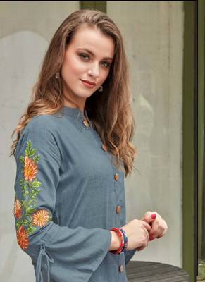 Grey Rayon Embroidered Long Kurtis 2