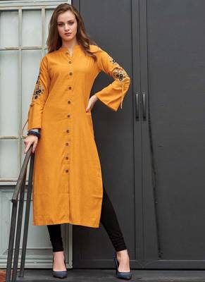 Yellow Rayon Embroidered Long Kurtis 1