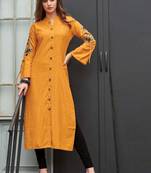 Yellow Rayon Embroidered Long Kurtis