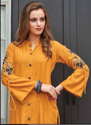 Yellow Rayon Embroidered Long Kurtis 2
