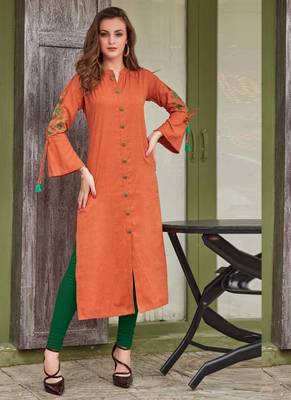 Orange Rayon Embroidered Long Kurtis 1