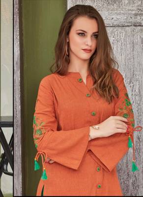 Orange Rayon Embroidered Long Kurtis 2