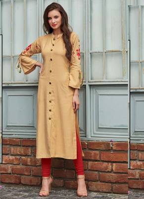 Cream Rayon Embroidered Long Kurtis 1