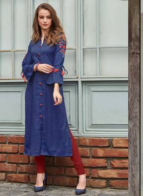 Blue Rayon Embroidered Long Kurtis 1