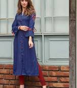 Blue Rayon Embroidered Long Kurtis