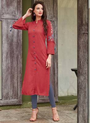 Red Rayon Embroidered Long Kurtis 1