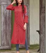 Red Rayon Embroidered Long Kurtis