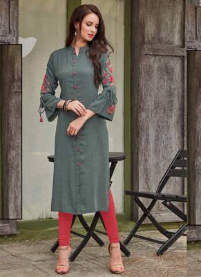 Grey Rayon Embroidered Long Kurtis 1