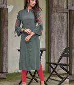 Grey Rayon Embroidered Long Kurtis