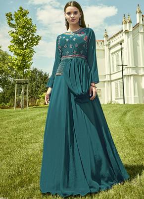 Dark Teal Georgette Embroidered Pakistani Kurtis 1