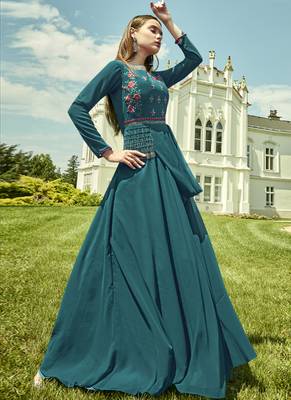 Dark Teal Georgette Embroidered Pakistani Kurtis 2