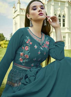 Dark Teal Georgette Embroidered Pakistani Kurtis 3