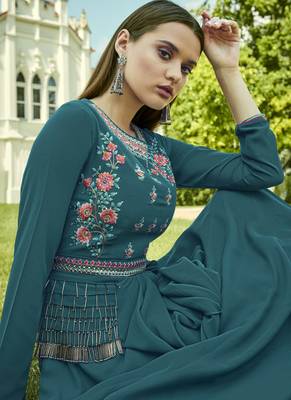 Dark Teal Georgette Embroidered Pakistani Kurtis 4