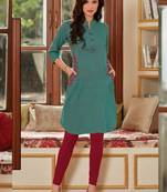 Teal Rayon Embroidered Short Kurtis