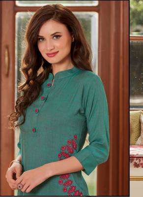 Teal Rayon Embroidered Short Kurtis 2