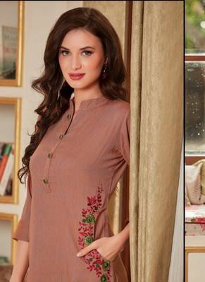 Light Brown Rayon Embroidered Short Kurtis 2