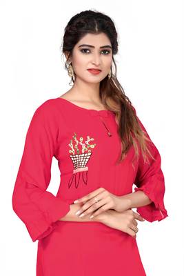 Red embroidered viscose rayon kurtas-and-kurtis 5