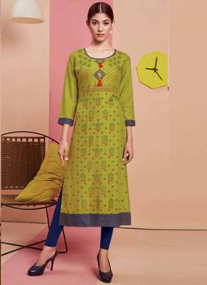 Parrot Green Rayon Printed Long Kurtis 1