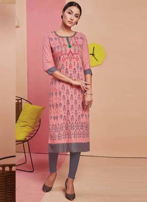 Baby Pink Rayon Printed Long Kurtis 1