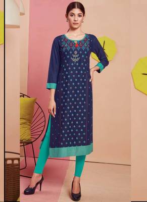 Blue Rayon Printed Long Kurtis 1
