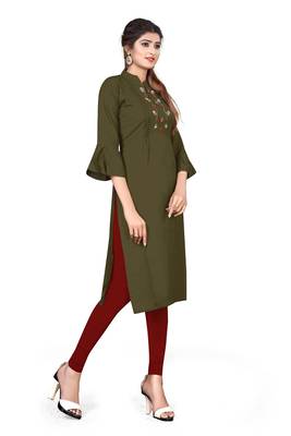Green embroidered viscose rayon kurtas-and-kurtis 3