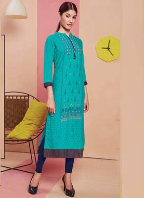 Turquoise Rayon Printed Long Kurtis 1