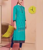 Turquoise Rayon Printed Long Kurtis