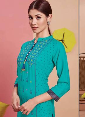Turquoise Rayon Printed Long Kurtis 2