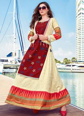 Cream Rayon Embroidered Pakistani Kurtis 1