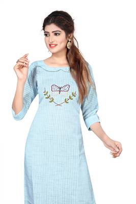 Sky-blue embroidered cotton kurtas-and-kurtis 5