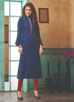 Blue Rayon Embroidered Long Kurtis 1
