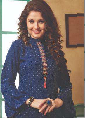 Blue Rayon Embroidered Long Kurtis 2
