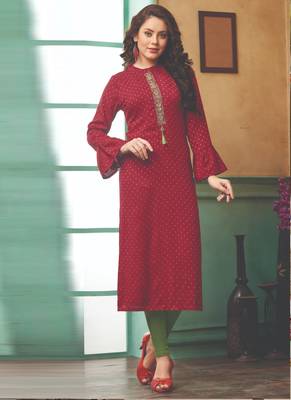 Maroon Rayon Embroidered Long Kurtis 1