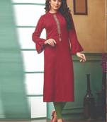 Maroon Rayon Embroidered Long Kurtis