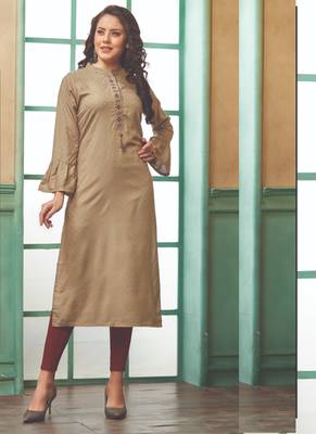 Beige Rayon Embroidered Long Kurtis 1