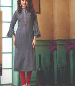 Grey Rayon Embroidered Long Kurtis