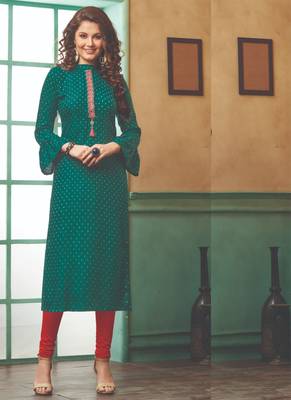 Dark Green Rayon Embroidered Long Kurtis 1