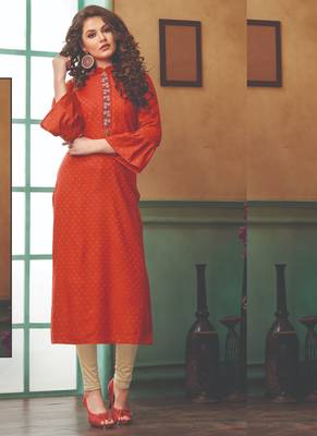 Orange Rayon Embroidered Long Kurtis 1