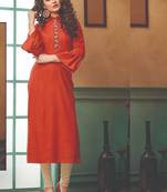 Orange Rayon Embroidered Long Kurtis