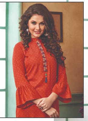 Orange Rayon Embroidered Long Kurtis 2