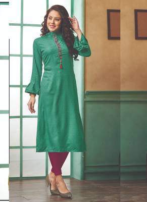 Dark Turquoise Rayon Embroidered Long Kurtis 1