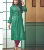 Dark Turquoise Rayon Embroidered Long Kurtis