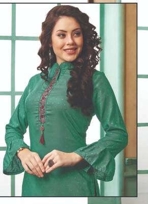 Dark Turquoise Rayon Embroidered Long Kurtis 2